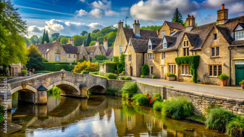 Charming old town in Cotswolds with picturesque stone buildings and low bridges over a river Charming old town in Cotswolds with picturesque stone buildings and low bridges over a river