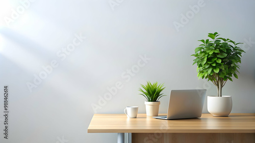 Minimalist office workspace with a green potted plant, promoting natural tranquility, minimalist, workspace, office, green