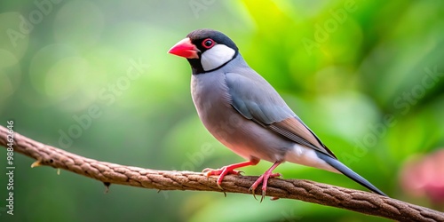 A male Java sparrow's perched tranquility is framed by the soft focus of its surroundings, a moment of photo