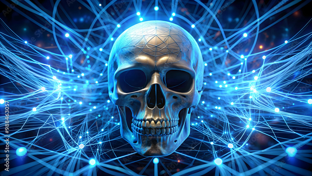 Human skull surrounded by blue neon wires Human skull surrounded by blue neon wires
