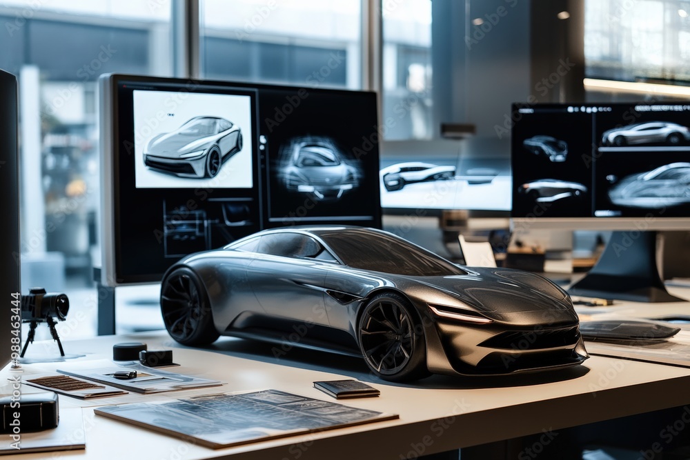 An automotive design studio with sketches, clay models, and digital screens An automotive design studio with sketches, clay models, and digital screens