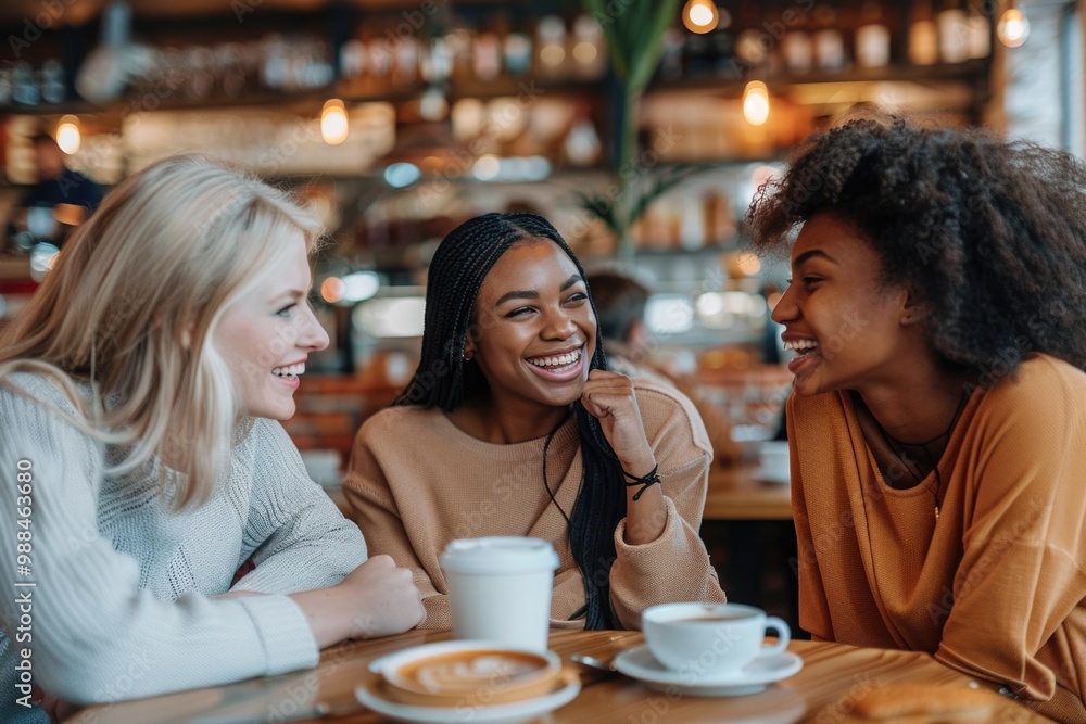 Three friends enjoying cups of coffee together Three friends enjoying cups of coffee together