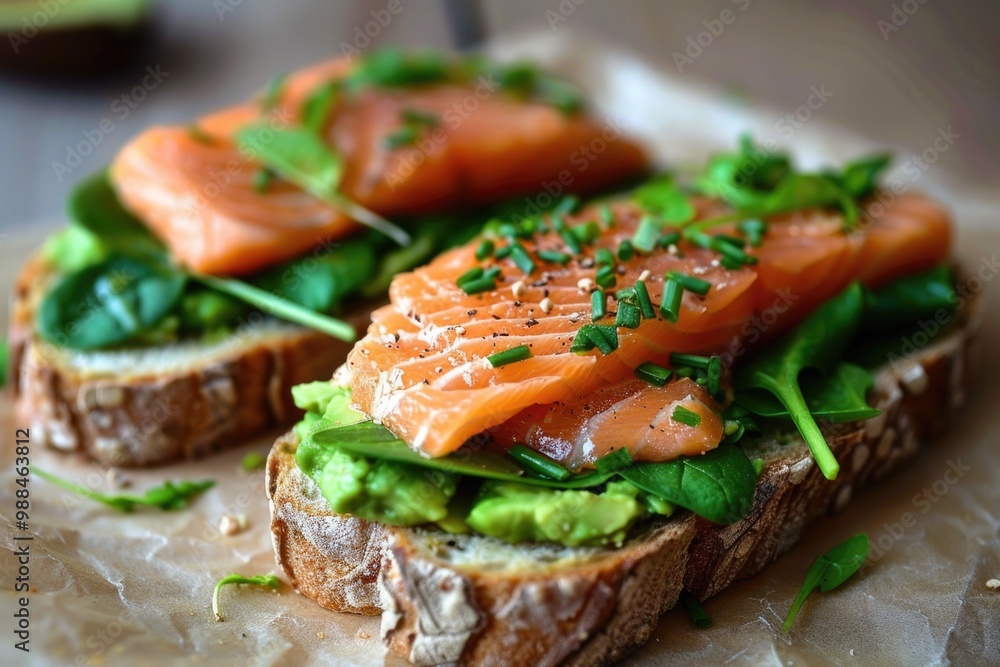 Avocado Salmon Open Sandwich with Spinach - Delicious Seafood Snack Avocado Salmon Open Sandwich with Spinach - Delicious Seafood Snack
