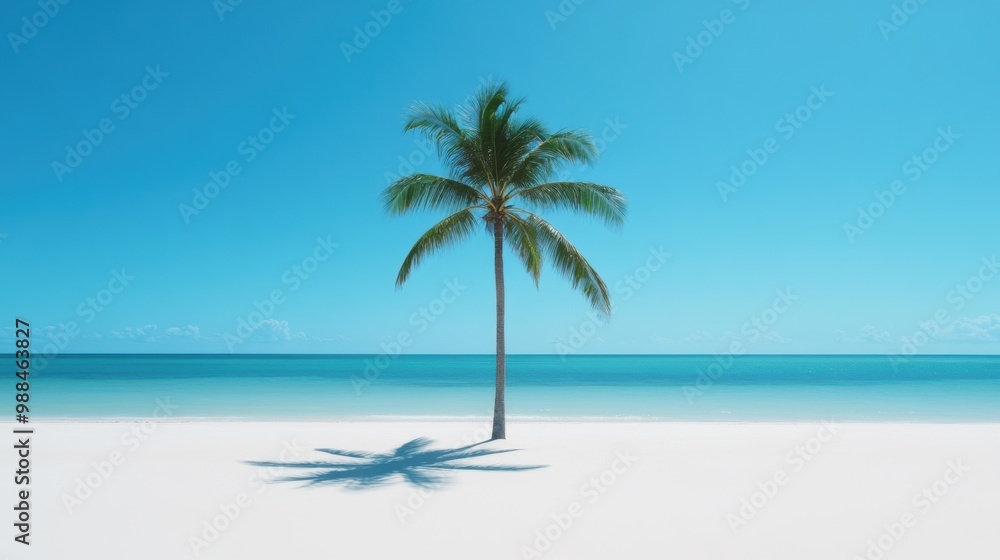 A solitary palm tree stands on pristine white sand, framed by a vibrant blue sky and tranquil turquoise waters. A solitary palm tree stands on pristine white sand, framed by a vibrant blue sky and tranquil turquoise waters.