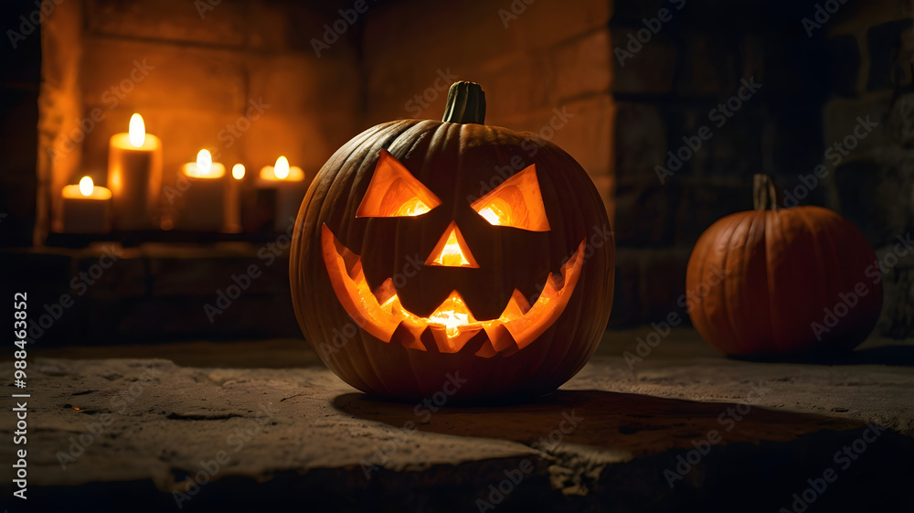 Fototapeta premium halloween pumpkin in the dark, jack o lantern, in a fireplace, dark, , ai generated