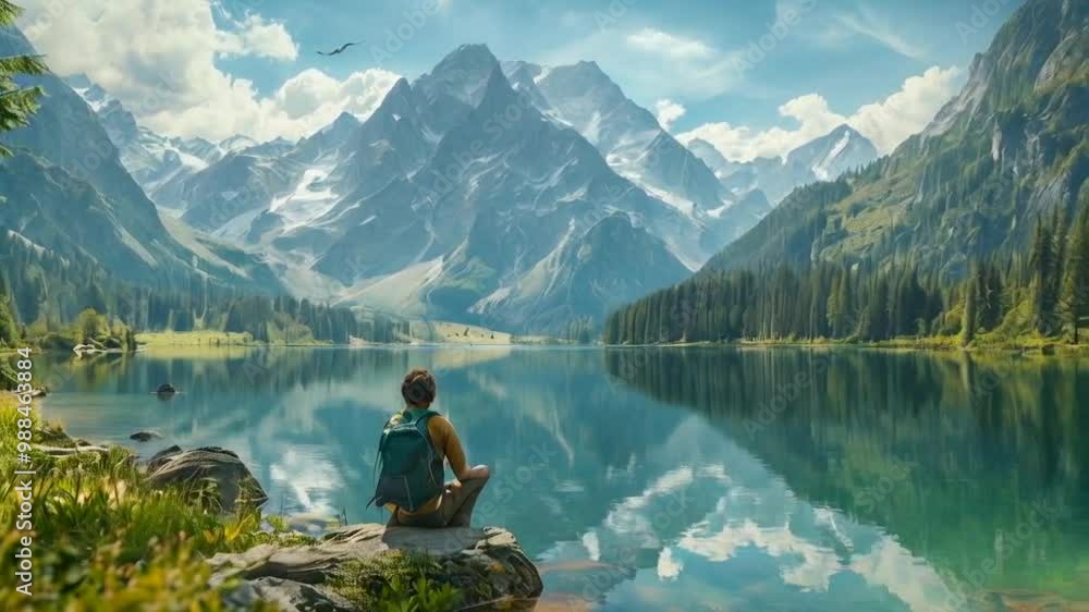A serene landscape with a person sitting by a lake, surrounded by mountains and nature. A serene landscape with a person sitting by a lake, surrounded by mountains and nature.