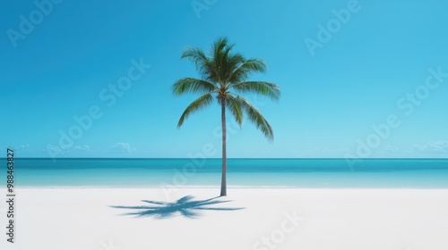 A solitary palm tree stands on pristine white sand, framed by a vibrant blue sky and tranquil turquoise waters.