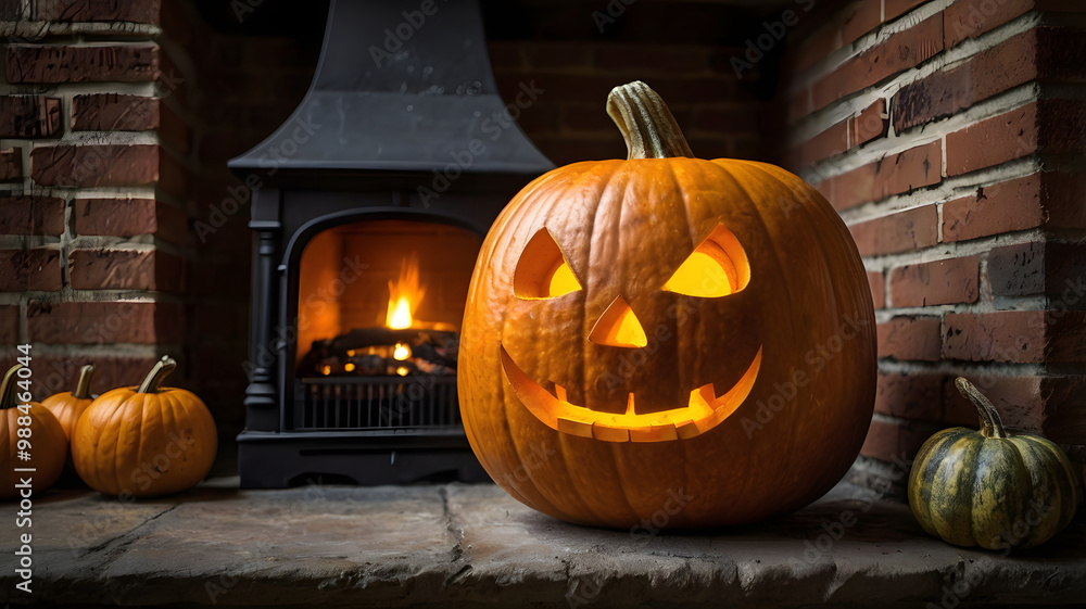 Obraz premium halloween pumpkin in the dark, jack o lantern, in a fireplace, dark, , ai generated
