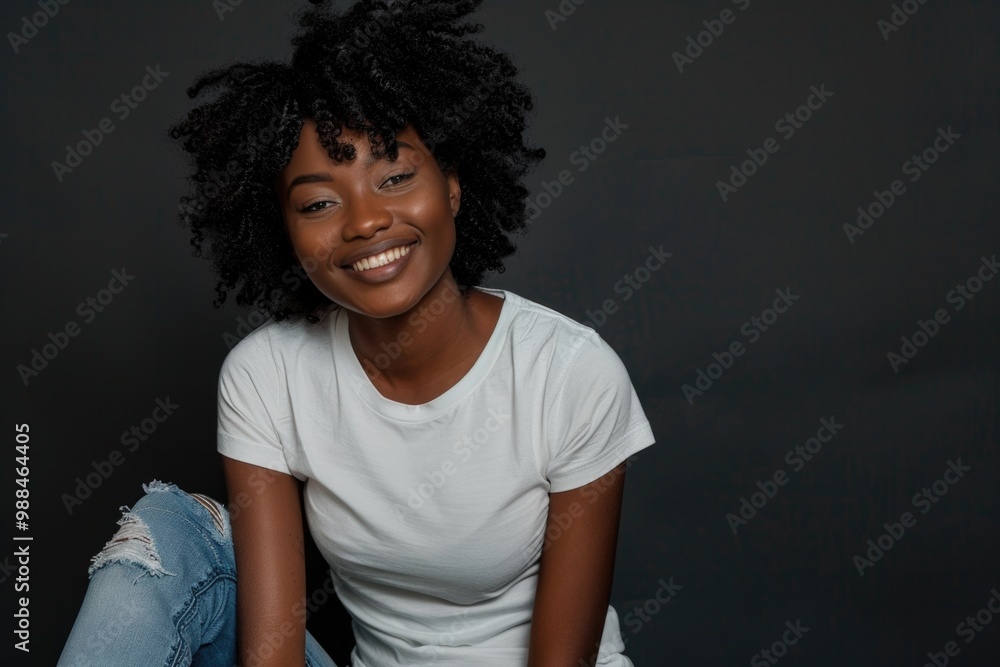 Beautiful African Woman in White T-shirt and Jeans Posing Cheerfully in Studio Beautiful African Woman in White T-shirt and Jeans Posing Cheerfully in Studio