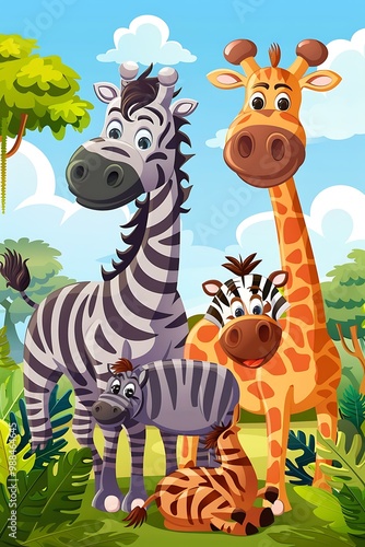 Cute Cartoon Zebras and Giraffe In Jungle