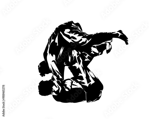 Judo sport, two fighters in kimono, isolated vector silhouette, martial arts