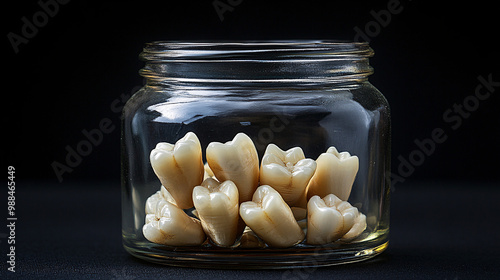 Human teeth in a glass jar. Isolated dark background. Dental health and forensics. Ethical implications of dental records and privacy. 