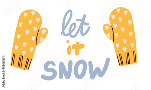 Winter woolen mittens ,vector illustration on white background lettering flat design for different autumn and winter design uses .
