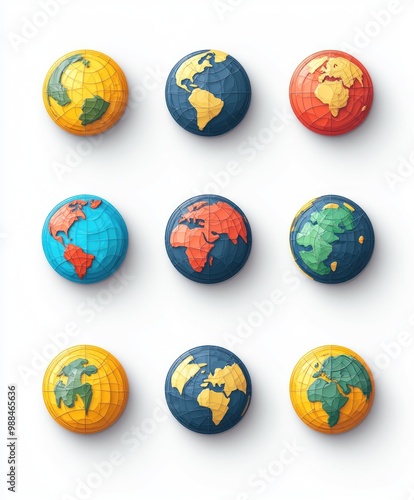 Nine colorful, polygonal globes with different continent patterns.