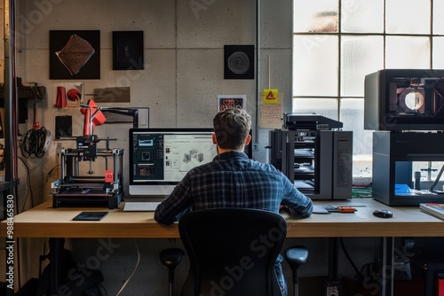 An industrial design workshop with 3D printers and design software in use photo