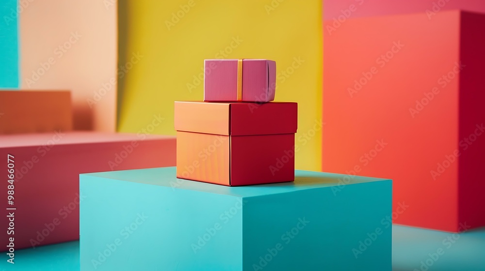 Colorful Gift Boxes On Turquoise, Yellow, Red, and Pink Background Colorful Gift Boxes On Turquoise, Yellow, Red, and Pink Background