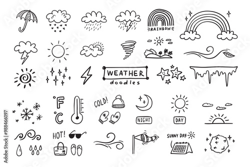 Weather Doodle sketch icons cartoon line hand drawn illustration for concept design. Kids cute style