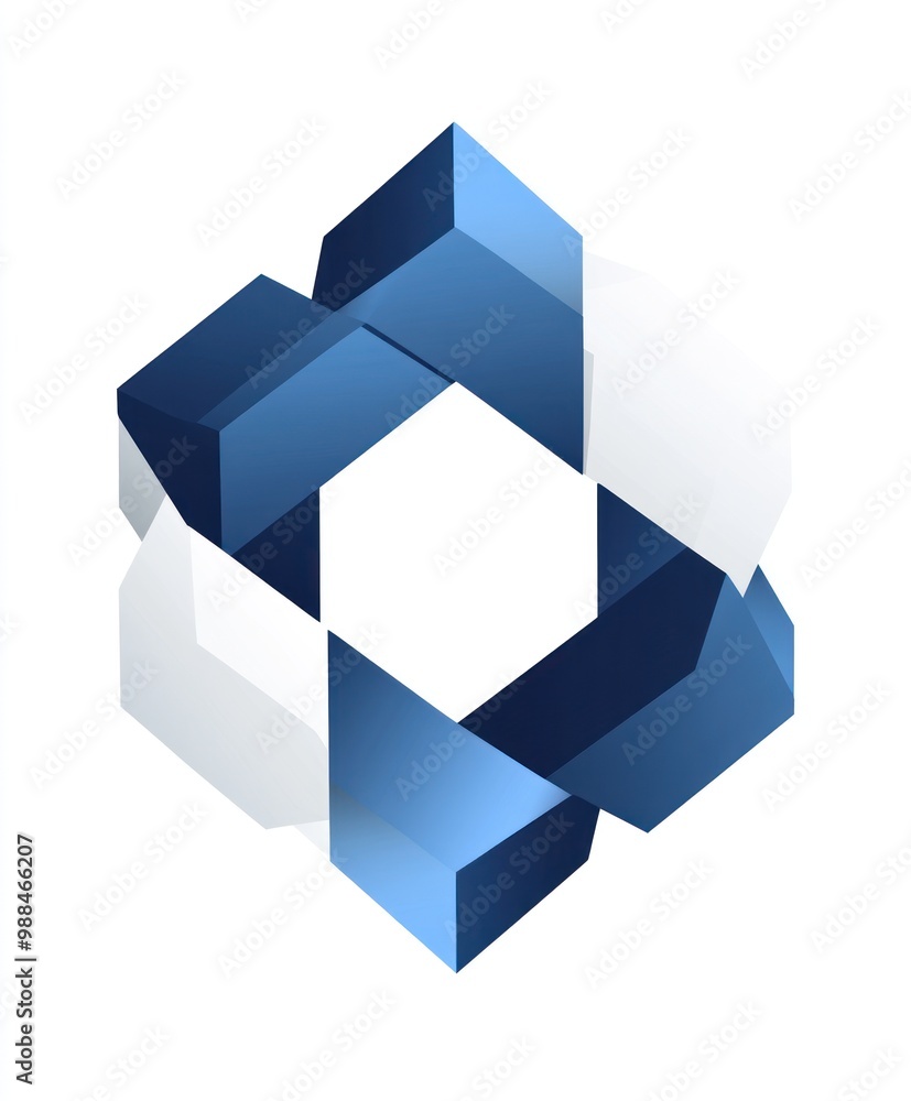 Abstract geometric shape with blue and white 3D cubes intertwined.