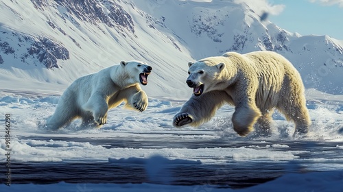 A polar bear chasing another bear on the melting sea ice along the coast of Svalbard, Spitsbergen