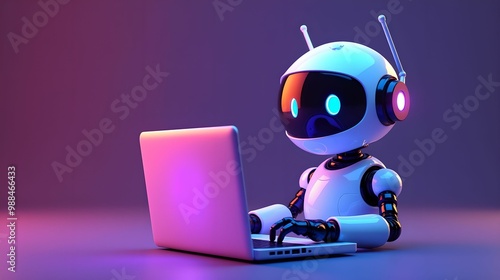 Artificial intelligence robot using laptop neon light futuristic technology 3d illustration banner
