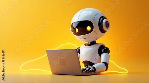 Artificial intelligence robot using laptop neon light futuristic technology 3d illustration banner