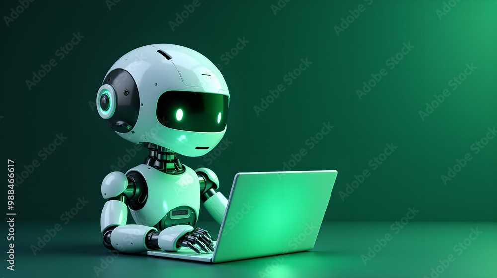 Fototapeta premium Artificial intelligence robot using laptop neon light futuristic technology 3d illustration banner