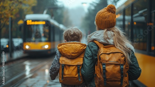 young mother commuter with little kids on the way to school walking on tram station in city