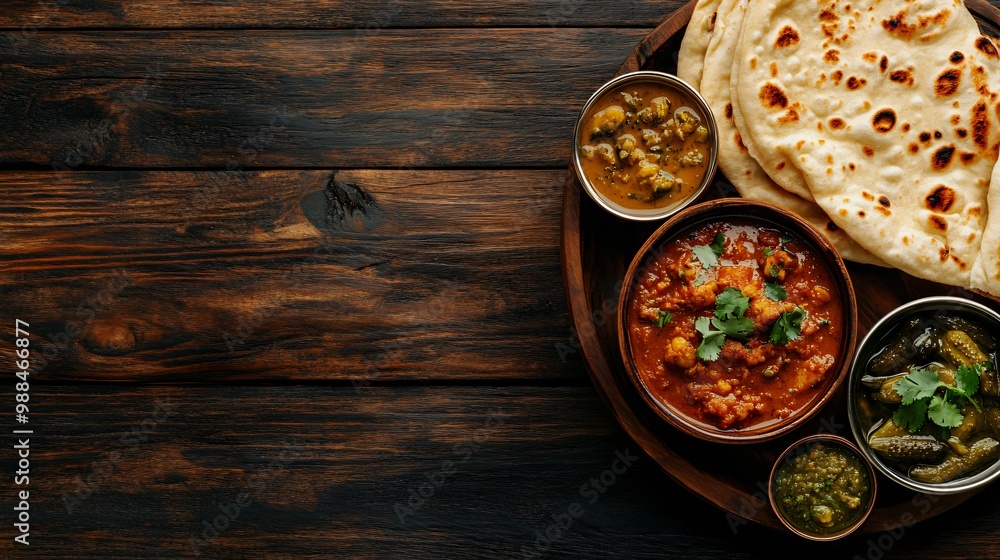 Indian food on a wooden table with curry, naan bread, and pickles. Indian food on a wooden table with curry, naan bread, and pickles.