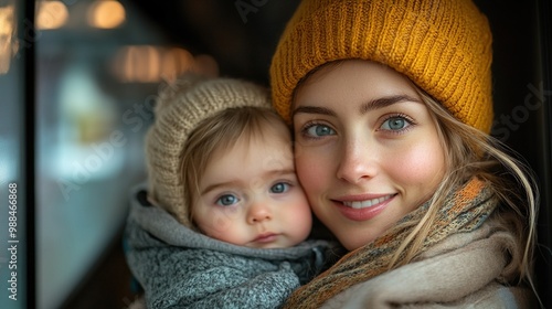 young mother travelling with baby by train