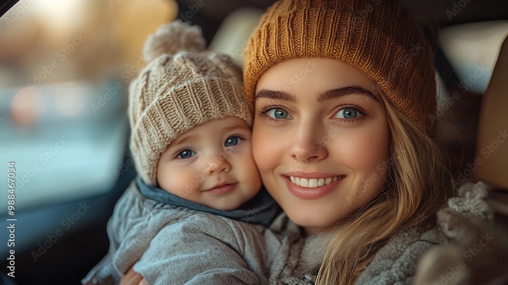young mother with her little baby boy in the car young mother with her little baby boy in the car