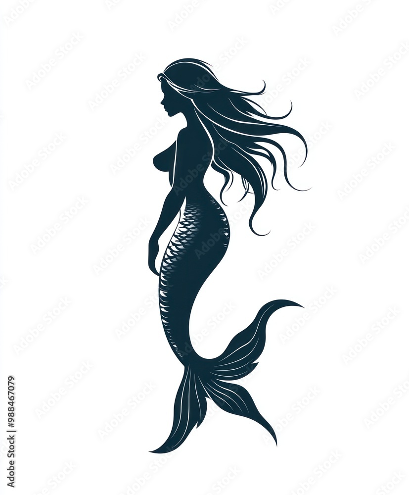 A silhouette of a mermaid with flowing hair and a fish tail, standing on a white background. A silhouette of a mermaid with flowing hair and a fish tail, standing on a white background.