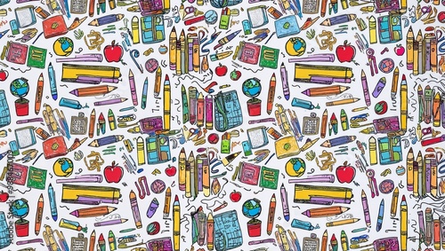 hand - drawn school supplies pattern on white background