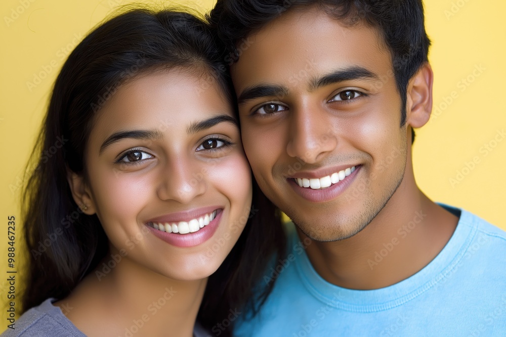 A studio close-up portrait of a young Indian or Pakistani couple wearing casual t-shirts, with a colourful background. A studio close-up portrait of a young Indian or Pakistani couple wearing casual t-shirts, with a colourful background.