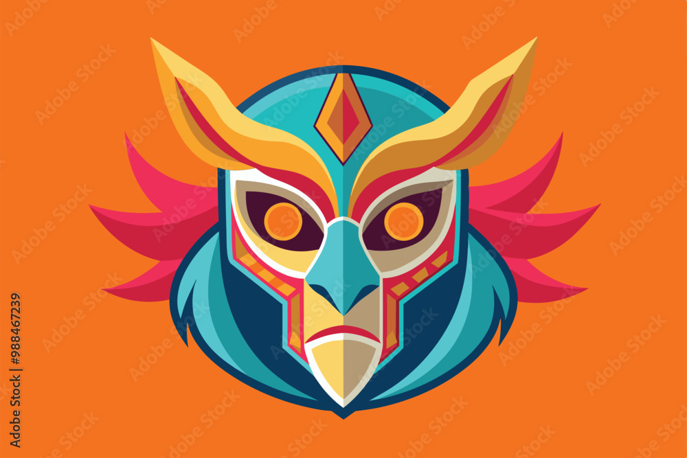 Naklejka premium A vibrant, customizable illustration of a mask designed for the deaf, featuring intricate details and bold colors on a bright orange background.