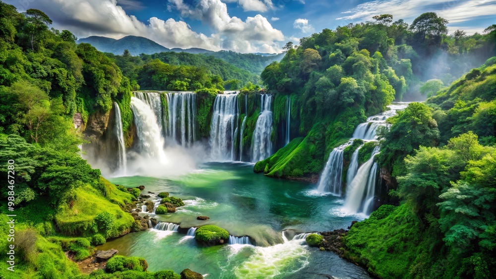 A powerful waterfall bursts from the verdant midst, giving rise to one of the longest and most iconic A powerful waterfall bursts from the verdant midst, giving rise to one of the longest and most iconic