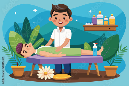 A massage therapist provides a soothing treatment outdoors, surrounded by lush greenery and wellness products, promoting relaxation and well-being.