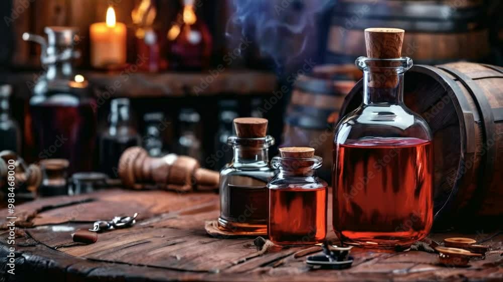 Bottles of amber liquid on a wooden table, surrounded by barrels, evoking a rustic atmosphere. Bottles of amber liquid on a wooden table, surrounded by barrels, evoking a rustic atmosphere.
