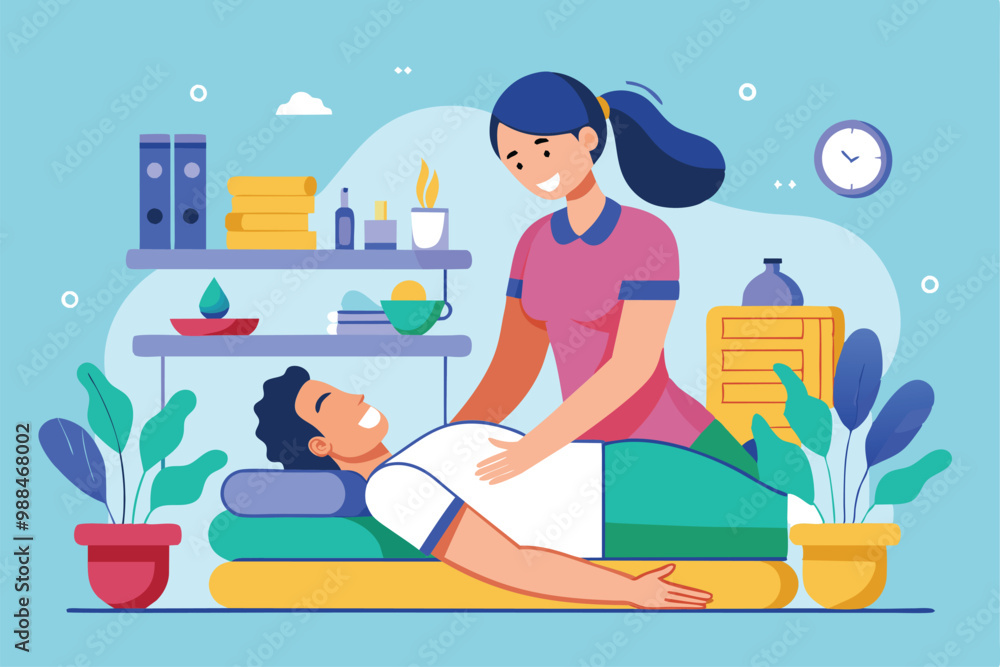 Naklejka premium A massage therapist helps a client relax on a massage table in a soothing indoor environment filled with plants and wellness items.