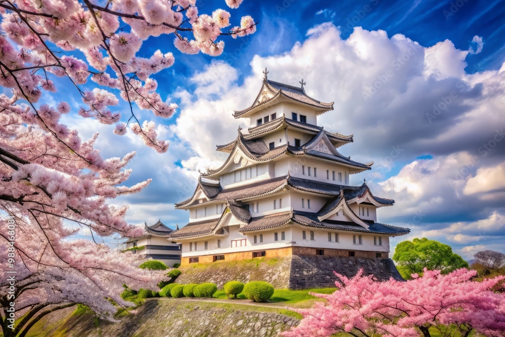 A regal castle tower is surrounded by vibrant cherry blossoms, their delicate pink petals dancing in the gentle A regal castle tower is surrounded by vibrant cherry blossoms, their delicate pink petals dancing in the gentle