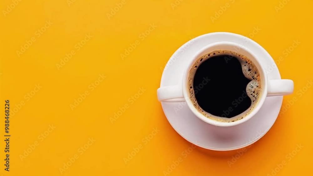 A top view of a coffee cup filled with black coffee on a bright yellow background. A top view of a coffee cup filled with black coffee on a bright yellow background.