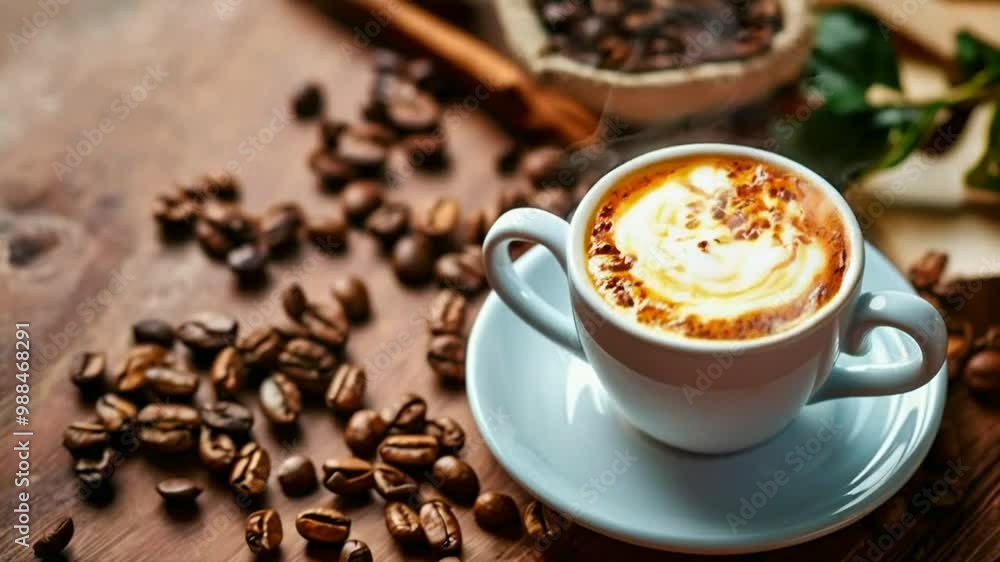 A steaming cup of coffee with latte art, surrounded by coffee beans on a wooden surface. A steaming cup of coffee with latte art, surrounded by coffee beans on a wooden surface.