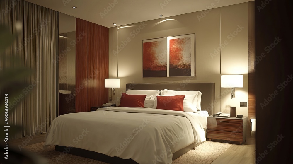 Interior view of a hotel bedroom, showcasing the decor and furnishings Interior view of a hotel bedroom, showcasing the decor and furnishings