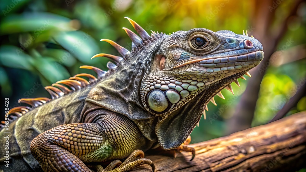 Fototapeta premium A rhinoceros iguana perches comfortably on a branch, its reptilian skin catching the light, as a fuzzy background