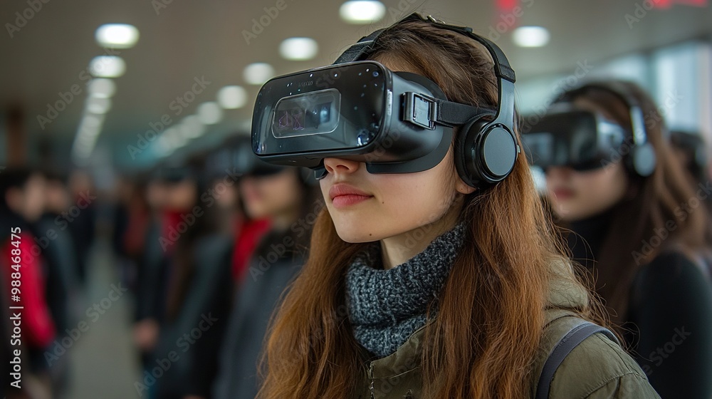 young university students with vr headset virutal reality in academic settings young university students with vr headset virutal reality in academic settings