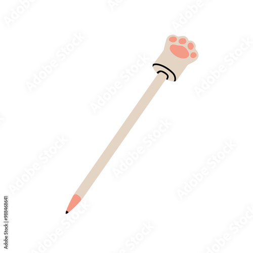 Kids pencil with cute cats paw cap, funny playful decor. Childish stationery, sketching and drawing tool, art supplies. Creative school accessory. Flat vector illustration isolated on white background