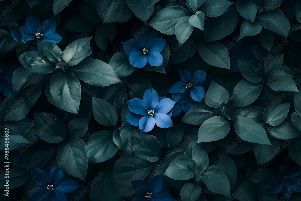 Blue Flowers and Green Leaves - Dark Green and Blue Nature Illustration Blue Flowers and Green Leaves - Dark Green and Blue Nature Illustration