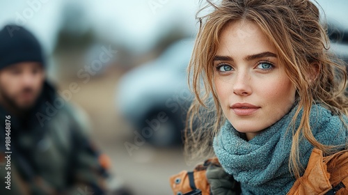 young woman by the car after an accident, man helping her