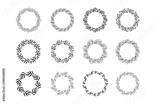 Set of hand drawn round spring wreaths isolated. Collection doodle floral frames. Silhouette circle of leaves.