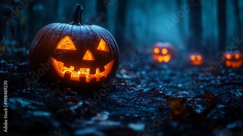 Glowing Halloween pumpkins under moonlight casting long shadows in a haunted setting