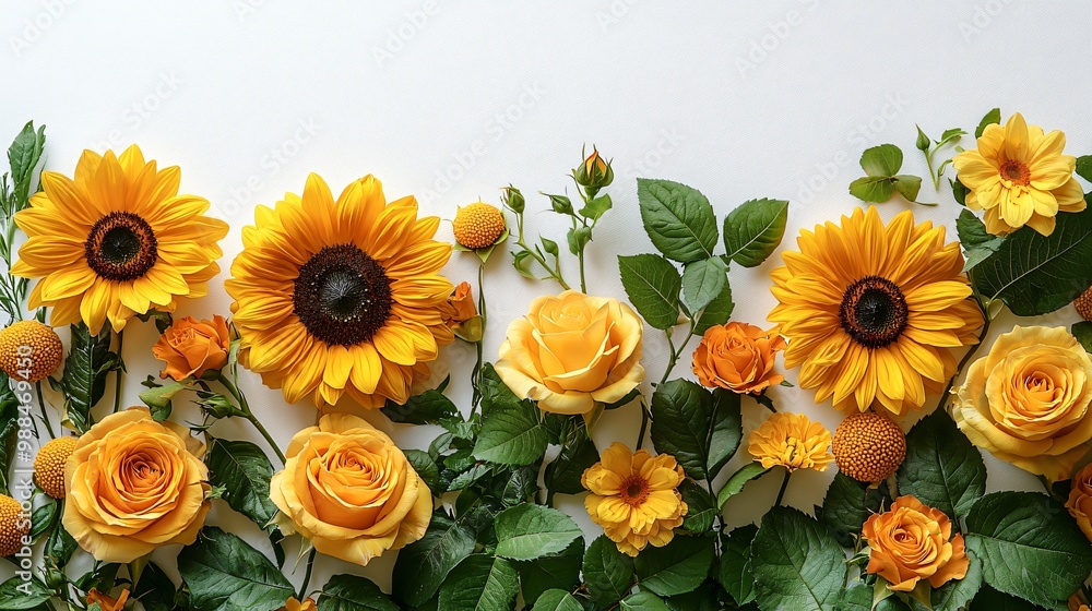 Naklejka premium A vibrant arrangement of sunflowers and yellow roses on a clean white background, perfect for Thanksgiving and Halloween invitations, decor, and seasonal events.